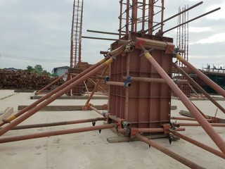 Assembling formworks for reinforcement concrete column in large construction site at Thailand, Space for text in template, Column Concrete Formwork