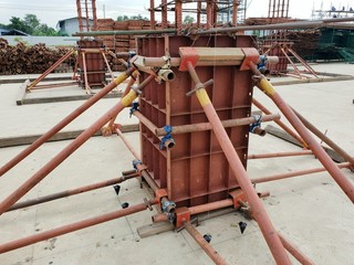 Assembling formworks for reinforcement concrete column in large construction site at Thailand,...