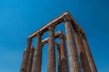 Looking up at the Temple of Olympian Zeus, Athens, Greece in summer