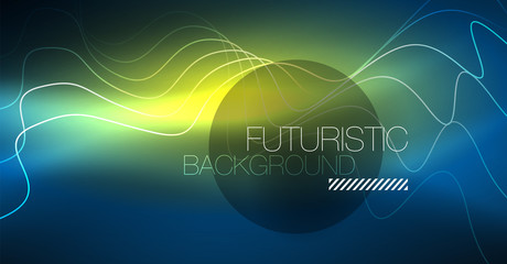 Glowing abstract wave on dark, shiny motion, Christmas and New Year magic space light. Techno abstract background