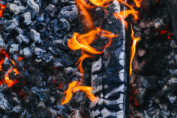 burning wood and hot red coals in the fire close-up