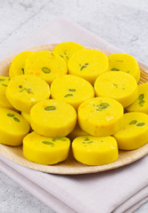 Indian Sweet Food Kesar Peda Also Know as Kesar Mawa Peda, Saffron Sweet, Saffron Peda, Pedha, Pera or Peday is a Saffron Flavoured Soft, Dense Sweet That is Specially Made During Festivals