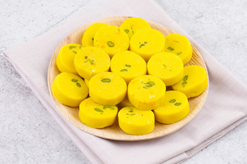 Indian Sweet Food Kesar Peda Also Know as Kesar Mawa Peda, Saffron Sweet, Saffron Peda, Pedha, Pera or Peday is a Saffron Flavoured Soft, Dense Sweet That is Specially Made During Festivals