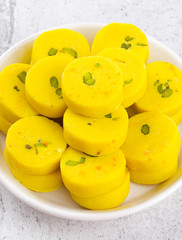 Indian Sweet Food Kesar Peda Also Know as Kesar Mawa Peda, Saffron Sweet, Saffron Peda, Pedha, Pera or Peday is a Saffron Flavoured Soft, Dense Sweet That is Specially Made During Festivals