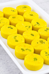 Indian Sweet Food Kesar Peda Also Know as Kesar Mawa Peda, Saffron Sweet, Saffron Peda, Pedha, Pera or Peday is a Saffron Flavoured Soft, Dense Sweet That is Specially Made During Festivals