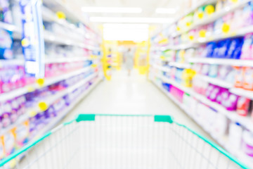 Abstrack blurred bokeh supermarket with food and drink on shelf