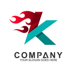 fast letter K logo with fire motion shape