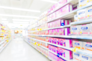 Abstract blurred supermarket with many food and goods on shelf