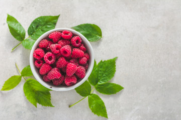 Fresh raspberry fruit, red raspberries, top view
