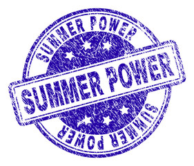 SUMMER POWER stamp seal imprint with grunge texture. Designed with rounded rectangles and circles. Blue vector rubber print of SUMMER POWER label with retro texture.