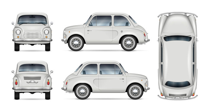 Small retro car vector mockup on white background. Isolated template of minicar for vehicle branding, advertising and corporate identity. All elements in the groups on separate layers for easy editing