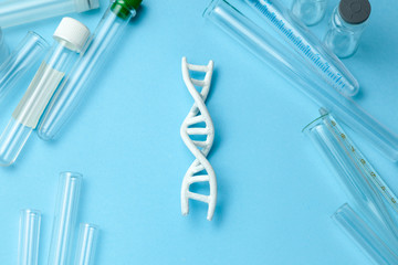 DNA helix research. Concept of genetic experiments on human biological code DNA. Medical instrument...