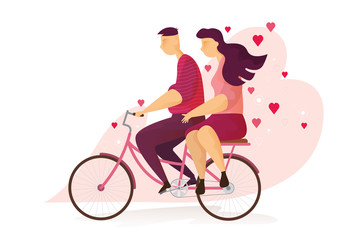 Happy couple lovely is riding a bicycle in Valentine's day festival and heart pink background. Vector illustration