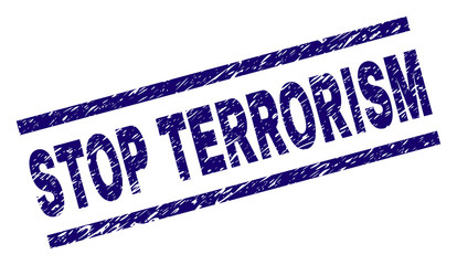 STOP TERRORISM seal print with grunge style. Blue vector rubber print of STOP TERRORISM text with unclean texture. Text caption is placed between parallel lines.