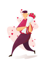 Lovely man is holding roses in Valentine's day festival and heart pink background. Vector illustration