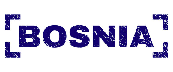 BOSNIA text seal print with grunge texture. Text caption is placed between corners. Blue vector rubber print of BOSNIA with dust texture.