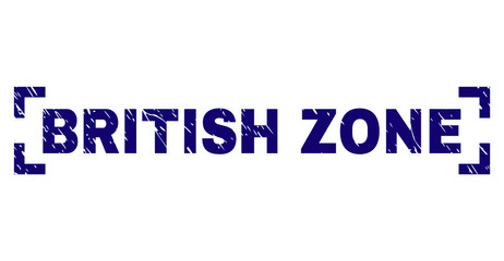 BRITISH ZONE text seal print with grunge texture. Text tag is placed inside corners. Blue vector rubber print of BRITISH ZONE with unclean texture.