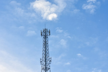 Telecommunication, wireless communication with evening blue sky and fluffy clouds...