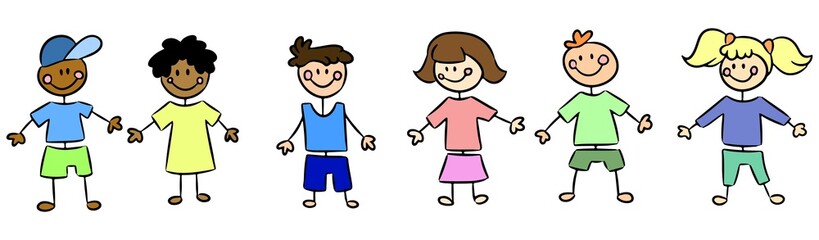 Multinational children characters colorful drawing. Vector isolated illlustration