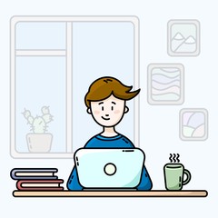 Boy in a room in front of the laptop. Male blogger. Flat vector illustration.