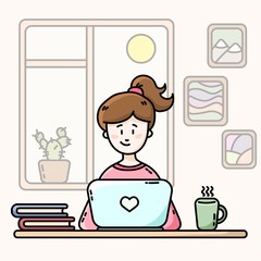 Girl in a room in front of the laptop. Female blogger. Flat vector illustration.