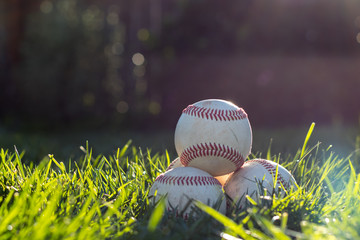 Pile of worn baseballs in the grass on a warm, sunny afternoon