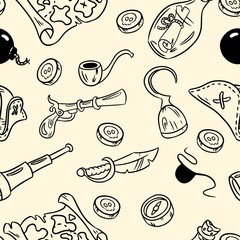 Set of pirate doodles seamless pattern. Vector illustration