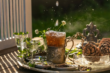 cold iced tea on a tray. copy space