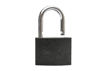 Open black padlock isolated on white background.