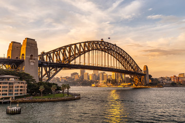 View of Sydney harbor bridge at sunset