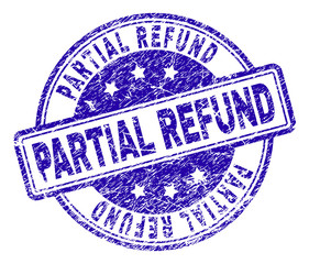 PARTIAL REFUND stamp seal imprint with distress texture. Designed with rounded rectangles and circles. Blue vector rubber print of PARTIAL REFUND caption with scratched texture.