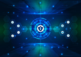 Safety concept, Closed Padlock on digital, cyber security, blue abstract hi speed internet technology vector background illustration.