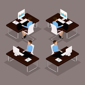 Trend Isometric people Set 2, 3D business lady working at a desk on a laptop front view, rear view, stylish hairstyle, office worker man in a suit isolated on a dark background. Vector illustrations