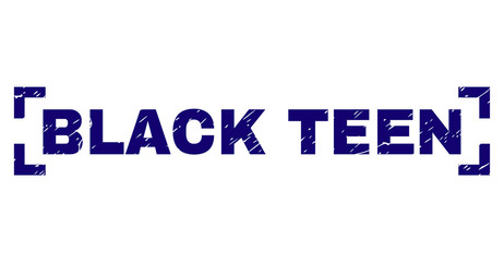 BLACK TEEN text seal watermark with corroded texture. Text label is placed inside corners. Blue vector rubber print of BLACK TEEN with scratched texture.