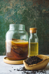 Healthy homemade fermented raw kombucha tea, with natural probiotic characteristics.