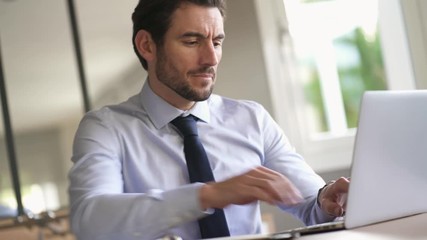 Attractive businessman typing on laptop in modern office
