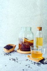 Healthy homemade fermented raw kombucha tea, with natural probiotic characteristics.