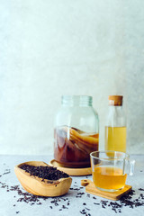 Healthy homemade fermented raw kombucha tea, with natural probiotic characteristics.