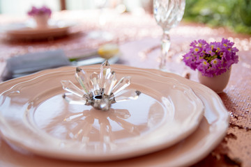 Served table with pink plates on pink tablecloths and Cutlery.