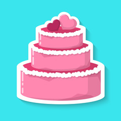 Wedding cake isolated on a blue background. Big pink cake. Realistic sticker. Simple cute design. Icon or logo. Flat style vector illustration.