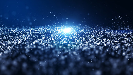 Abstract blue color digital particles wave with dust and light background