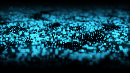 Abstract blue color digital particles wave with dust and numbers background