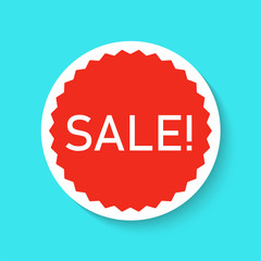 Sale sticker icon isolated on a blue background. Red color special offer, discount tag. Simple realistic design. Flat style vector illustration.
