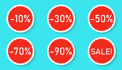 Sale sticker icon isolated on a blue background. Red color special offer, discount tag. Simple realistic design. Flat style vector illustration.