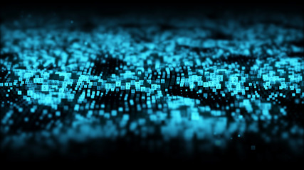 Abstract blue color digital particles wave with dust and numbers background