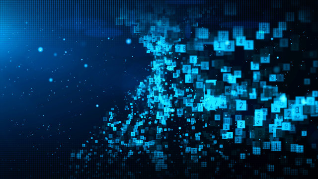 Abstract blue color digital particles wave with dust and numbers background
