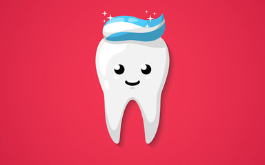 Tooth with toothpaste isolated on a red background. Clean shining happy and smiling. Cute cartoon character. Dental health. Simple cartoon design. Flat style vector illustration.