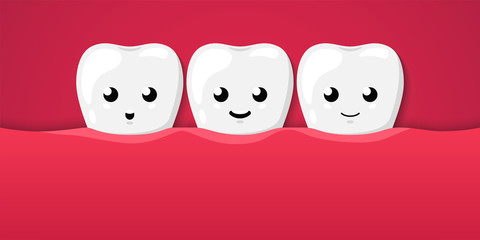 Obraz premium Teeth in the mouth. Clean happy and smiling. Cute cartoon character. Dental health. Simple cartoon design. Flat style vector illustration.