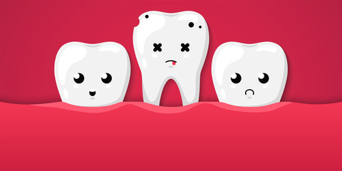 Tooth isolated on a red background. Cute cartoon character. Tooth missing, dental disease. Caries, holes in the teeth. Dental health, care. Simple cartoon design. Flat style vector illustration.