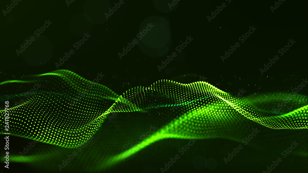 Wall mural abstract green color digital particles wave with dust and light background